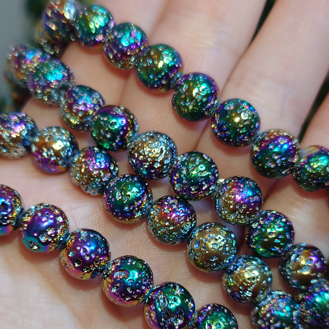 Rainbow Plated Lava Beads. 8mm. 15.5 inch string